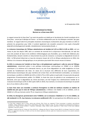 Communique de Presse de la Banque de France sur le rapport le rapport annuel de la Zone franc 2015 et perspectives pour 2016