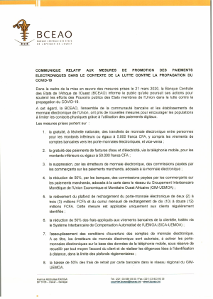 Lutte contre la propagation du COVID-19 : la BCEAO prend d’importantes mesures  pour la promotion des paiements électroniques (Communiqué)