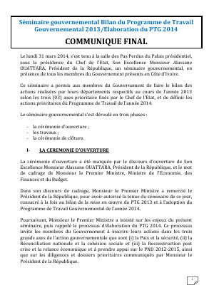 Séminaire gouvernemental 2014: le communiqué final