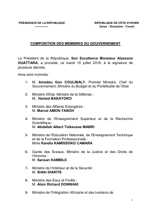 Côte d’Ivoire : Un nouveau Gouvernement de 36 ministres dont 10 entrants