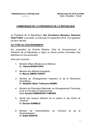 Communiqué de la présidence de la République
