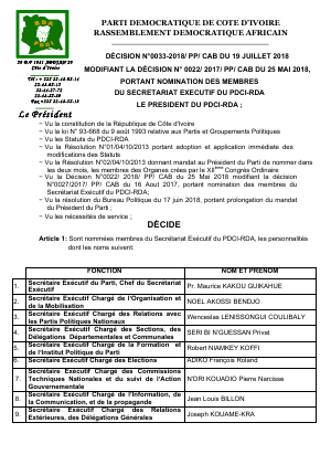 Politique/PDCI-RDA: le Président Henri Konan Bédié procède à de nouvelles nominations dans son secrétariat exécutif