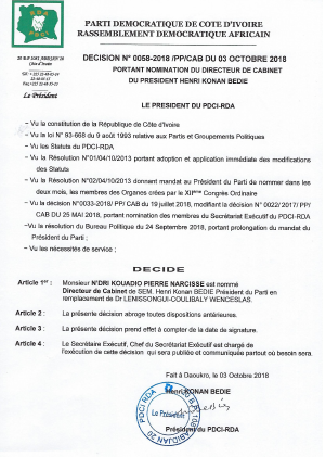 Décision portant nomination du Nouveau Directeur de Cabinet de President Henri Konan BEDIE