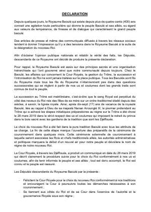 Déclaration de 26 Députés descendants du Royaume Baoulé