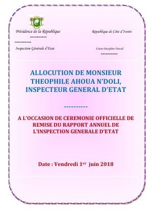 Allocution de Monsieur Théophile Ahoua N’doli, Inspecteur Général d’Etat a l’occasion de la cérémonie officielle de remise du rapport annuel de l`IGE