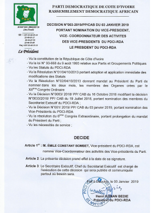 Le président du PDCI-RDA: Décision portant nomination du vice-président, vice coordinateur des activités, des vice-présidents du PDCI-RDA