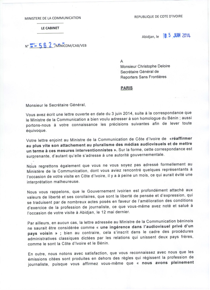 Côte d’Ivoire : RSF publie le droit de réponse du ministère de la communication