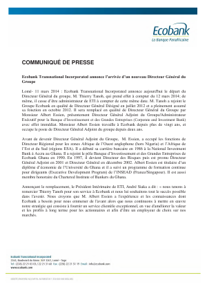 Communiqué - Arrivée d'un nouveau Directeur Général - Ecobank