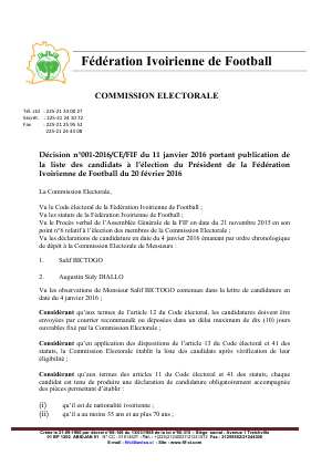 Election à la FIF: la décision de la Commission Electorale du 11 janvier 2016