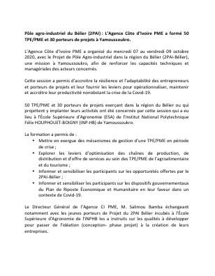 Pôle agro-industriel du Bélier (2PAI) : L’Agence Côte d’Ivoire PME a formé 50 TPE/PME et 30 porteurs de projets à Yamoussoukro