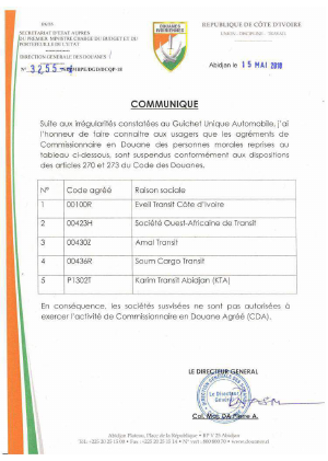Suite aux irrégularités constatées au Guichet unique automobile, la douane procède à la suspension des agréments de 5 commissionnaires en douane (Communiqué)