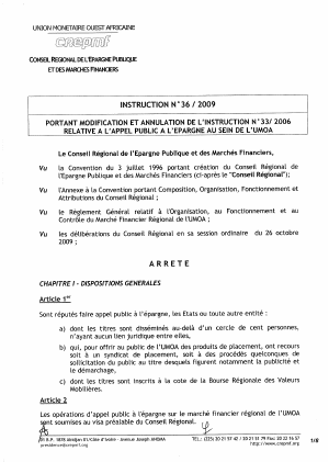 Introduction N 36/2009 portant modification et annulation de l’instruction N 33/2006 relative à l’appel public à l’épargne au sein de l’UMOA