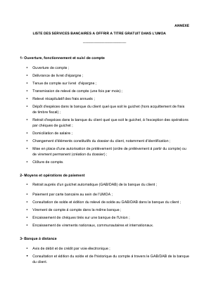Liste des services bancaires à offrir à titre gratuit dans l`UMOA