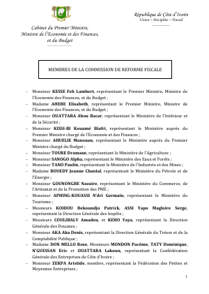 Cérémonie d’ouverture des travaux de la commission de réforme fiscale: liste des Membres de la commission de reforme fiscale