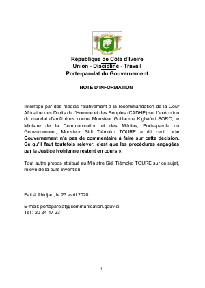 Décision de la CADHP sur l’affaire Soro : « Les procédures engagées par la Justice ivoirienne restent en cours » (Porte-parole du Gouvernement)