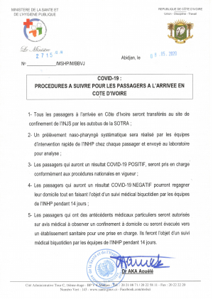 Covid-19: procédure à suivre pour les passagers à l’arrivée en Côte d’Ivoire