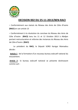 Liste des membres du bureau  exécutif national du Réseau des Amis de Côte d’Ivoire  (RACI)