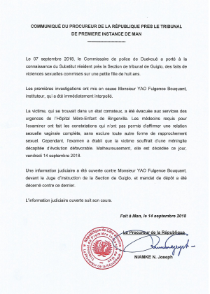 Communiqué du procureur dans l`affaire ``fillette violée à Duékoué``