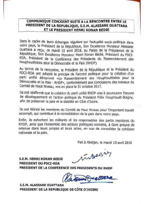 Communiqué conjoint suite à la rencontre entre le Président de la république, S.E.M, Alassane Ouattara et le président Henri Konan Bédié