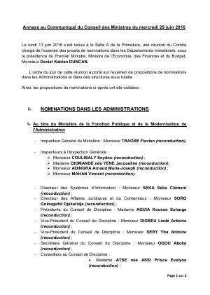 Annexe du communiqué du Conseil des Ministres du mercredi  29 juin 2016