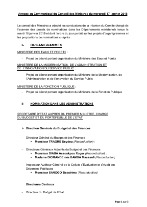 Annexe au Communiqué du Conseil des Ministres du mercredi 17 janvier 2018