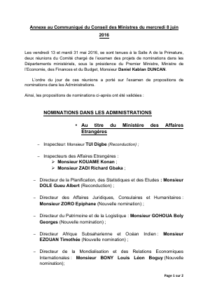 Annexe au Communiqué du Conseil des Ministres du mercredi 8 juin 2016