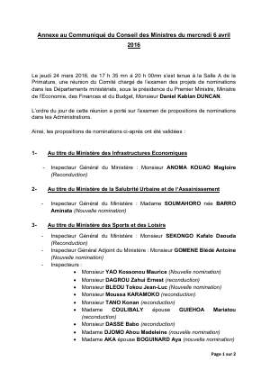 Annexe au Communiqué du Conseil des Ministres du mercredi 6 avril 2016
