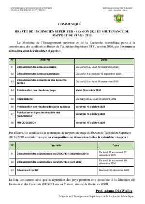 Communiqué Brevet de Technicien Supérieur - session 2020 et soutenance de rapport de stage 2019
