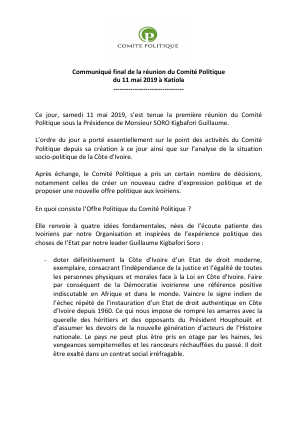 Communiqué final de la réunion du Comité Politique du 11 mai 2019 à Katiola