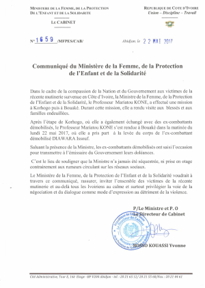 Communiqué du Ministère de la Femme, de la Protection de l'Enfant et de la Solidarité