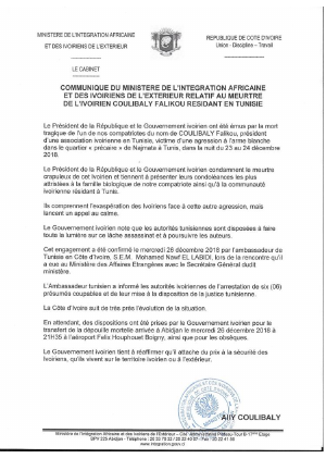 Communiqué du ministère de l’Intégration Africaine et des Ivoiriens de l’extérieure relatif au meutre de l’ivoirien Coulibaly Falikou résidant en Tunisie