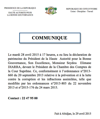 Déclaration de patrimoine du Président de la Haute Autorité pour la Bonne Gouvernance, Son Excellence, Monsieur Seydou Elimane DIARRA