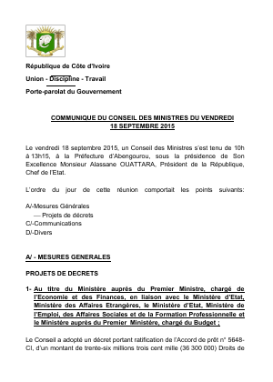 Communiqué du conseil des ministres du vendredi 18 septembre 2015