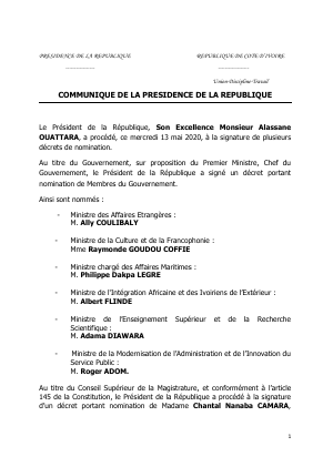 Communiqué de la Présidence de la République du mercredi 13 mai 2020