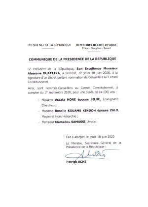 Communiqué de la Présidence de la République relatif aux nominations au Conseil Constitutionnel