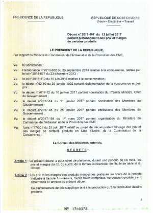 Décret portant sur le plafonnement des prix et marge de certains produits
