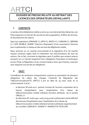 Dossier de presse relatif au retrait des licences des opérateurs défaillants