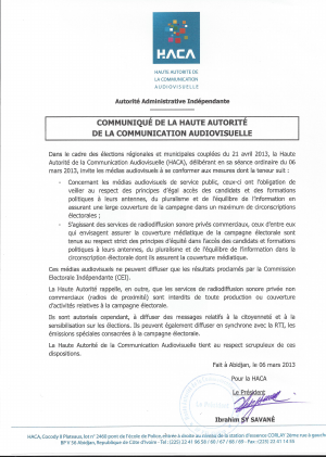 Communiqué de la Haute Autorité de la Communication Audiovisuelle