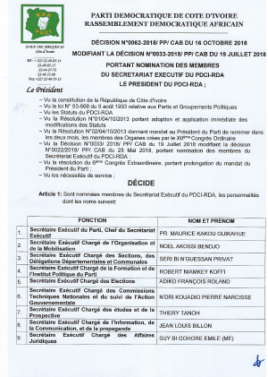 PDCI-RDA : Décision portant nomination des membres du secrétariat exécutif du PDCI-RDA / le Président du PDCI-RDA