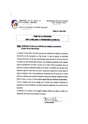 Santé / Coronavirus: Trois nouveaux cas de personnes contaminées détectés en Côte d'Ivoire