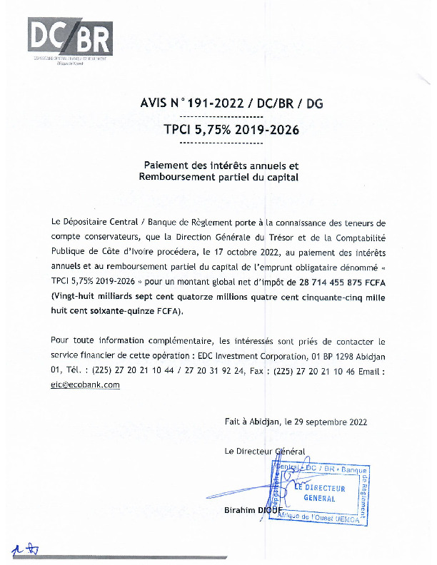 Avis N°191/DCBR/2022 - Paiement Des Intérêts Annuels Et Remboursement ...