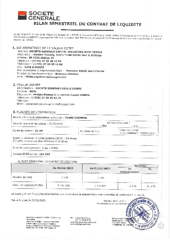 Bilan semestriel du contrat de liquidité 2ème semestre 2023 SOCIETE