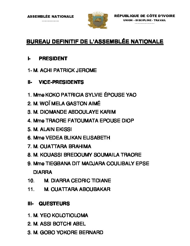 Bureau définitif de l'assemblée nationale 2026 - Abidjan.net Documents
