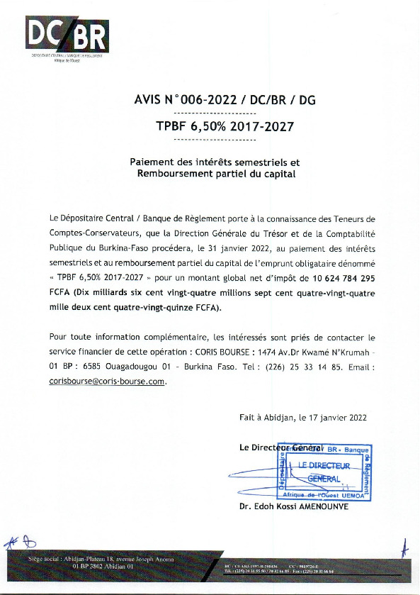 Avis N°006/DCBR/2022 – Paiement Des Intérêts Semestriels Et ...