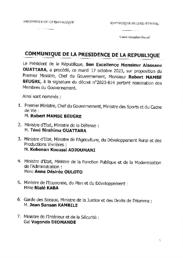 Nomination des membres du gouvernement du Premier ministre Robert Mambé Beugré