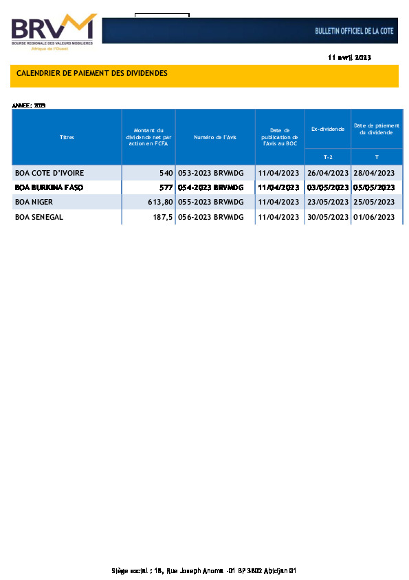 Calendrier De Paiement De Dividendes - Abidjan.net Documents