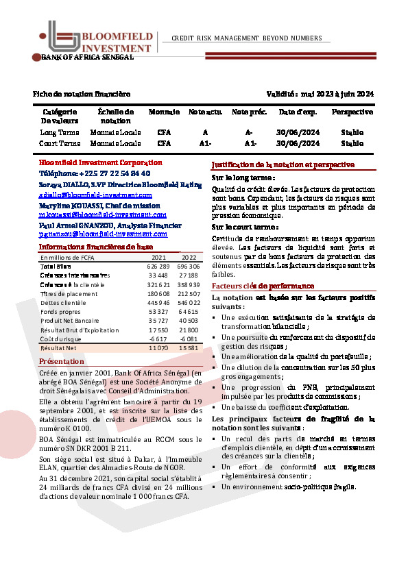 Notation Financière BOA SENEGAL Documents