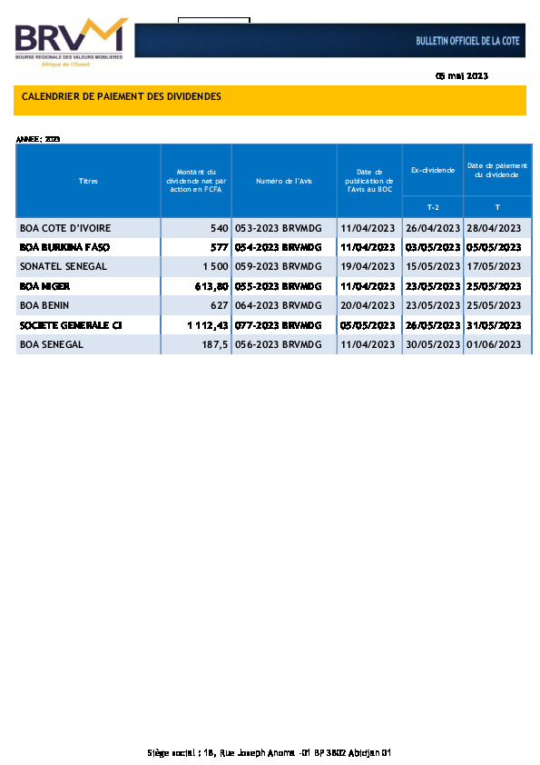 Calendrier De Paiement De Dividendes - Abidjan.net Documents