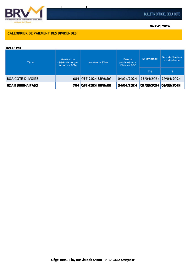 CALENDRIER DE PAIEMENT DES DIVIDENDES - Abidjan.net Documents