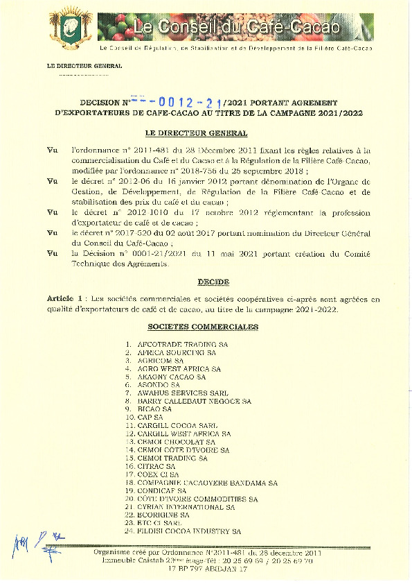 Décision N°0012-21/2021 Portant Agrément D'exportateurs De Café-Cacao Au  Titre De La Campagne 2021/2022 - Abidjan.net Documents